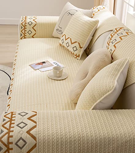 XSlive Farmhouse Embroidery Couch Sofa Cover Geometric Pattern Cotton Quilted Sectional Couch Cover Anti-Slip Soft Furniture Protector Sofa Slipcover for Living Room (Ivory,36"x94")