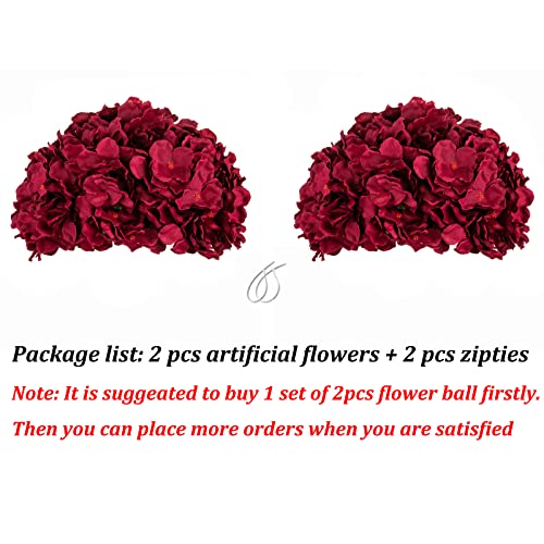 BLOSMON Hydrangea Flowers Ball Centerpieces: 2 Pcs Burgundy Fake Flowers Artificial Silk Flower Balls Faux Hydrangeas Floral Arrangements Bouquet for Wedding Home Room Table Decoration