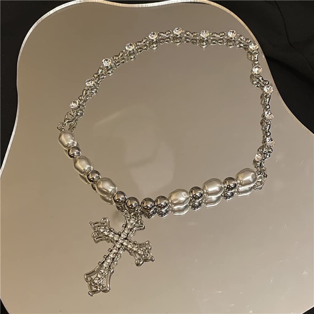 YRlilicc Vintage Gothic Shiny Rhinestone Cross Long Pendant Necklace Punk Pearl Beaded Choker Necklace Dainty Jewelry for Women