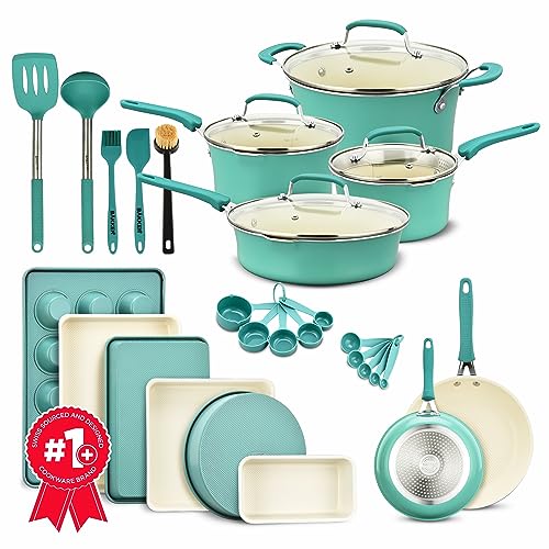 Cookware Set – 23 Piece –Aqua Multi-Sized Cooking Pots with Lids, Skillet Fry Pans and Bakeware – Reinforced Pressed Aluminum Metal - Suitable for Gas, Electric, Ceramic and Induction by BAKKEN Swiss