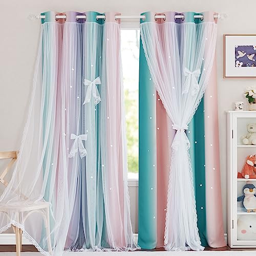 NICETOWN Star Curtains for Girls Bedroom, Mermaid Theme Nursery Decor for Girls, Kids Room/Living Room Mix & Match Sheer Attached to Star Cut Curtain Panels (Teal & Purple, 2 Pieces = W104 x L95)