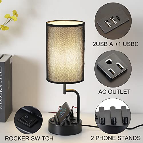 Dreamholder Table Lamp with 3 USB Charging Ports, Modern Desk Lamp with AC Outlet and Phone Stands, Perfect Bedside Lamp for Bedroom, Living Room, Office (Pack of 2)