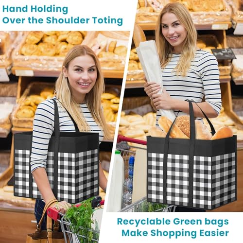 WOWBOX Reusable Grocery Bags,4-Pack, Foldable Reusable Shopping Tote Bags bulk with Reinforced Handles,Large Storage Bags with Water Resistant Coating for Groceries,Multipurpose,Black-White