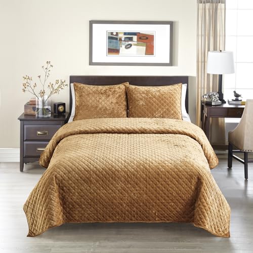 Fredsure Distressed Velvet Quilt Set, 3 Pieces Camamel Gold Queen, Distressed Velvet Face and Brushed Microfiber Reverse with Geometry Embroidery Quilting