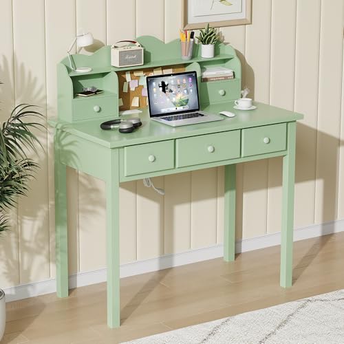 FUNKOCO Home Office Furniture Writing Desk, 36 Inch Computer Work Station with Detachable Hutch for Small Place, 5 Drawers(Candy Green)