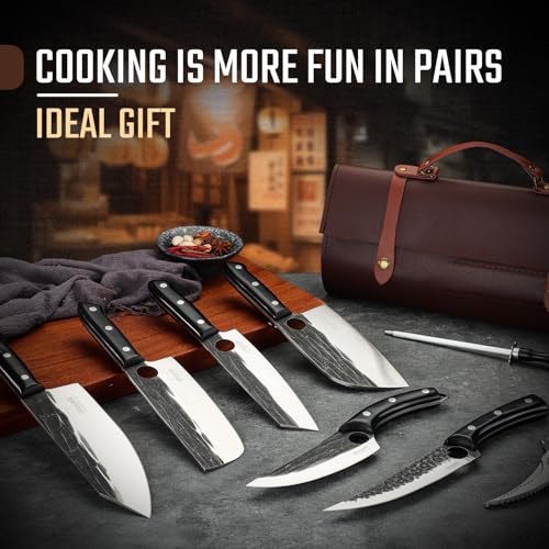 Huusk Knives Set, Serbian Chef Knife Set with Bag, Japanese Kitchen Knife Set, Hand Forged High Carbon Steel Knife Set, Full Tang Knife Set with Ebony Handle, Butcher Knife Set for Dad, Ideal Gif