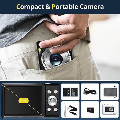 Digital Camera, FHD 4K Autofocus Vlogging Camera 48MP 16X Digital Zoom Digital Camera with 32GB Memory Card YouTube Portable Compact Small Camera for Teens Adult Beginner Kids