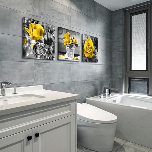 Lapremoly Canvas Wall Art For Kitchen Restaurant Wall Decor For Bedroom Black And White Wall Painting Yellow Rose Pictures Print Art Ready To Hang Girls Gift Room Modern Home Decor 12"X12" 3 Pieces