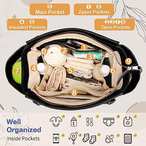 miss fong Diaper Bag Tote Leather Diaper Bag Backpack,Large Capacity Mommy Bag Hospital Bag,12 Pockets Travel Diaper Tote with Changing Pad,Stroller Straps & Insulated Pockets for Mom & Dad-Black