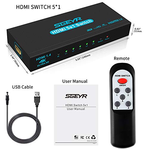 HDMI Switch SGEYR 5x1 HDMI Switcher 5 in 1 Out HDMI Switch Selector 5 Port Box with IR Remote Control HDMI 1.4 HDCP 1.4 Support 4K@30Hz Ultra HD 3D 2160P 1080P