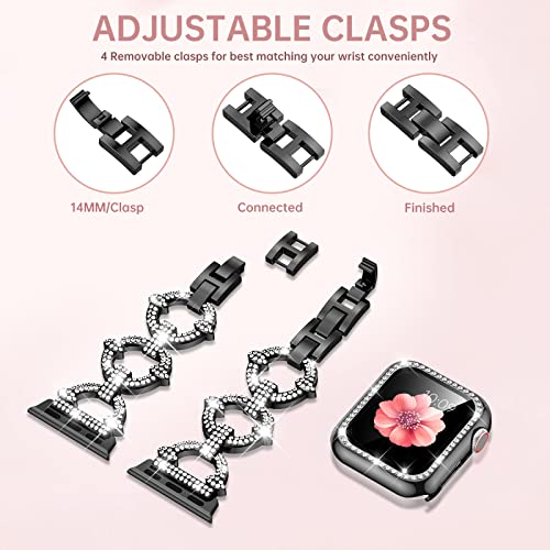 Mesime Compatible with Apple Watch Band 38mm 40mm 41mm 42mm 44mm 45mm , Women Girl Bling Diamond Jewelry Metal Strap Bands with Crystal Tempered Glass Screen Protector Case, Round Shiny Bracelet