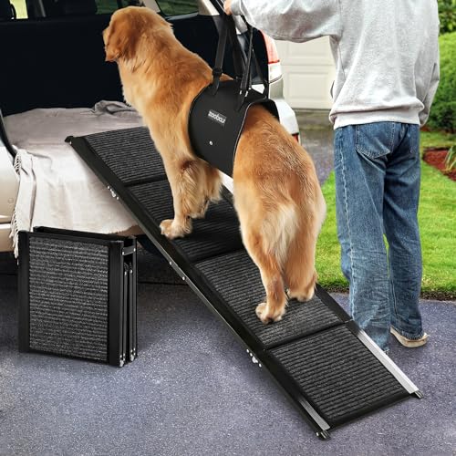 Zooba Dog Ramp for Car, 63" long & 17.3" wide Foldable Dog Ramp for SUV, Car, and Truck - 200 lbs Capacity, Anti-Slip Felt Surface, Pet Ramp with Dog Lift Harness for Large Dogs - Durable and Portable