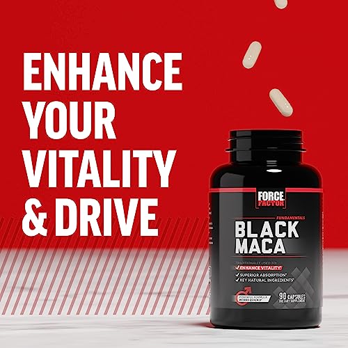 FORCE FACTOR Black Maca Root 1000mg, Vitality Supplement for Men with Black Pepper Extract for Absorption, Natural Maca Negra Extract, 90 Capsules