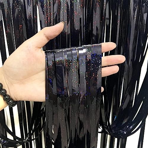 Black Thicken Glittering Tinsel Foil Fringe Curtain Party Decorations 3.2x8.2ft - 2 Pack, Photo Backdrop for Birthday Bachelorette Bridal Shower Baby Shower Graduation Party, Party Streams Décor