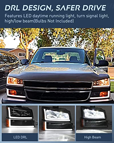 Nilight Headlights Assembly Led DRL for 2003 2004 2005 2006 Chevy Silverado Avalanche 1500 2500 3500/2007 Chevrolet Silverado Classic Headlamp,Black Housing Amber Reflector