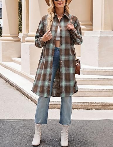 Zontroldy Women's Mid Long Casual Button Down Long Flannel Shirts Plaid Shacket Jacket with Pockets(0909-01Brown-S)