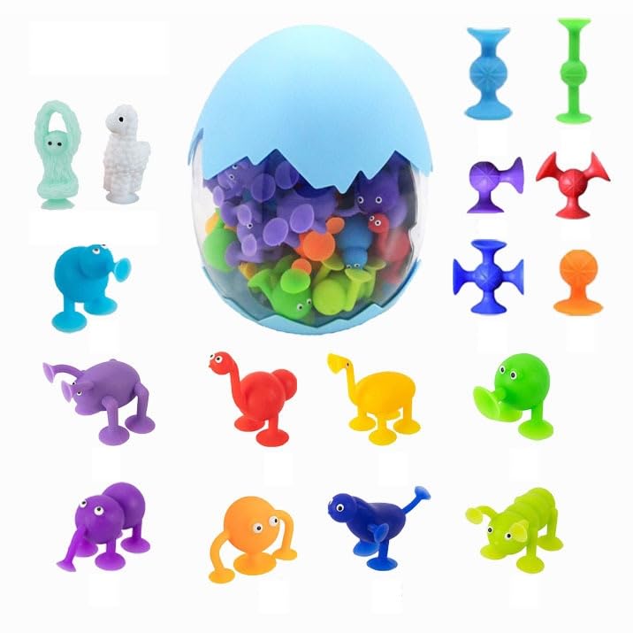 Carastora 38-Piece Suction Bath Toys – Silicone Mold-Free Sensory Toys with Storage Box & Eggshell, for Kids Ages 3-6