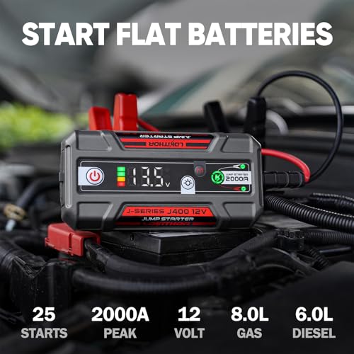 LOKITHOR J400 2000A 12V Portable Lithium Jump Starter, Car Battery Booster Pack, USB-C Powerbank Charger, and Jumper Cables for Upto 8.0-Liter Gas and 6.0-Liter Diesel Engines, Smart Digital Screen