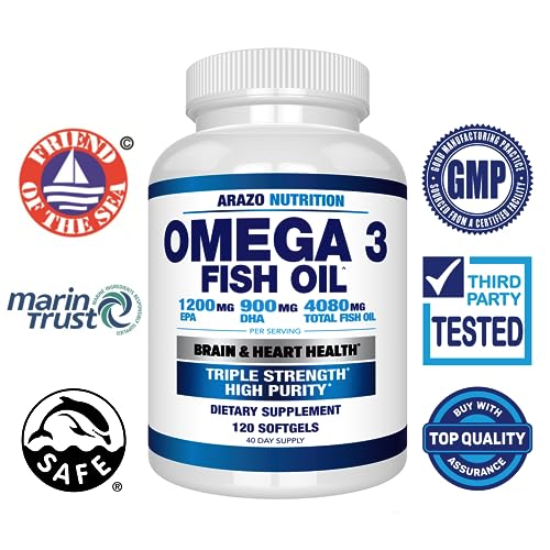 Arazo Nutrition Wild Caught Omega 3 Fish Oil – 60 Soft Gels – 4,080mg High EPA 1200mg DHA 900mg Lemon Flavor Burpless Softgels