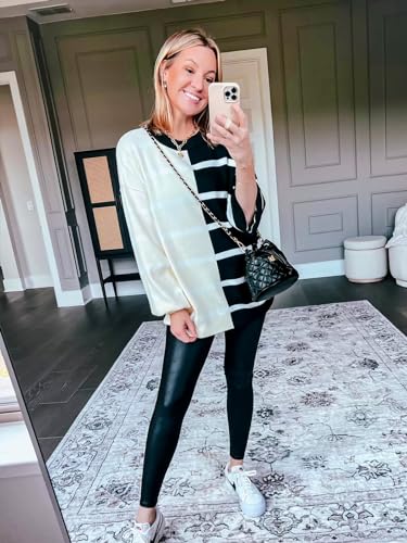 Fisoew Womens Striped Pullover Sweater Crew Neck Long Sleeve Knitted Color Block Casual Loose Lightweight Sweaters for Women Army Green