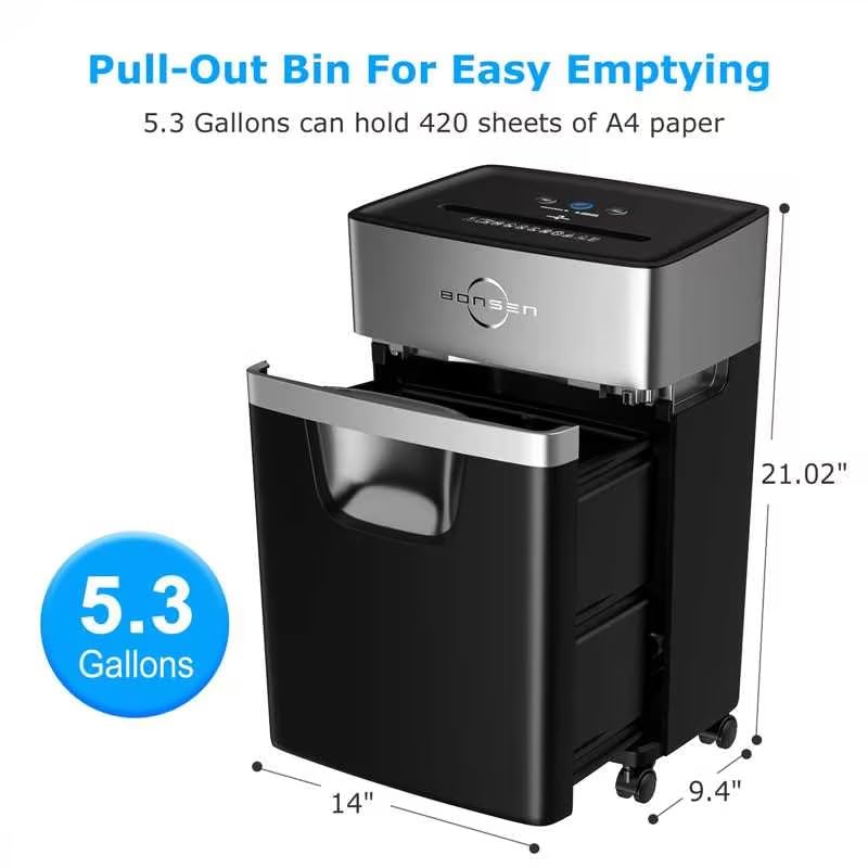 BONSEN 16-Sheet Heavy Duty Paper Shredder for Office, 60-Minute Running Time Cross-Cut CD Shredder with 60dB Low-Noise, 5.3-Gallon Pull Out Bin, Anti-Jam & Quiet Shredder for Home Office (S3102)