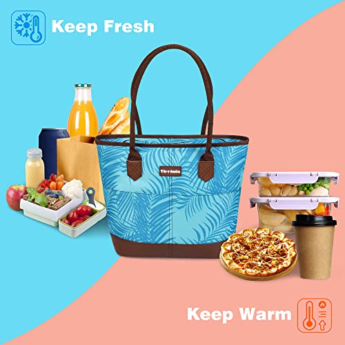 Tirrinia Large Insulated Lunch Tote Bag for Women, Cute Waterproof Leakproof Cooler Bag with Zipper for Work, Beach, Adult Shopping Grocery Bags for Frozen Food - Blue Stripe