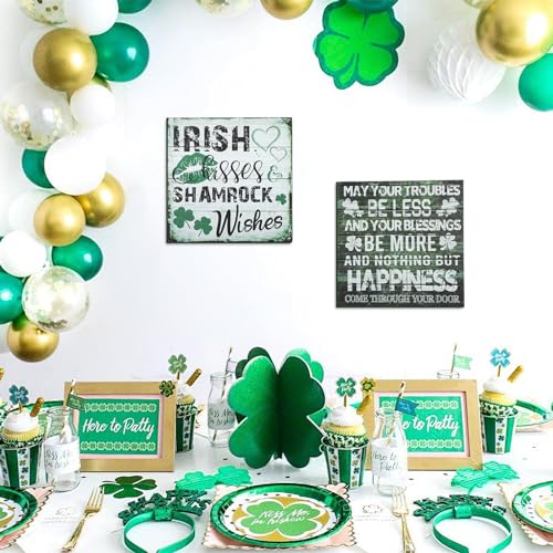 2 Pieces St Patrick's Day Decorations Shamrock Wood Blessing Box Signs Irish Table Decor Wood Block Plaque (7×7 inch, Green 2PCS)