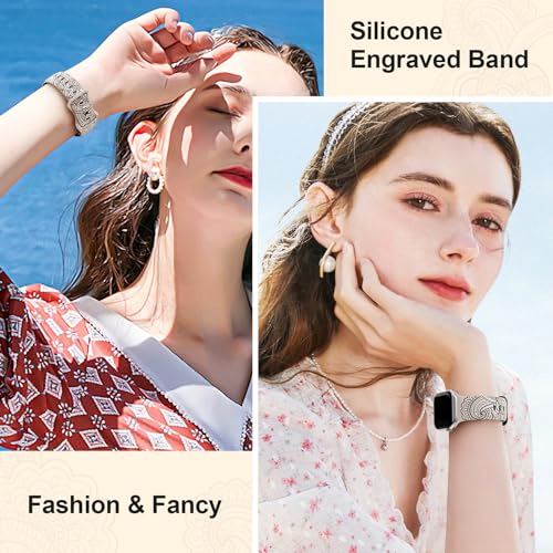 Floral Engraved Band Compatible with Apple Watch Band for Women 40mm 38mm 41mm 44mm 45mm 49mm, Boho Strap for iWatch Series 9 Ultra SE 8 7 6 5 4 3 PP42