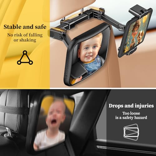 Qloztyse Baby Car Mirror for Baby Rear Facing - Infant Back Seat Mirrors With Holder and Hooks for Fixed Headrest Safety Large Wide Adjustable Auto Rearview, 2 In 1