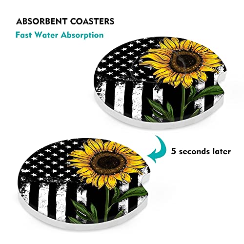 Car Coasters 2 Pack, Small 2.56" Stone Car Cupholder Absorbent Coaster Set for Women Men Drink Cup Holder Coasters (Sunflower&Roses)