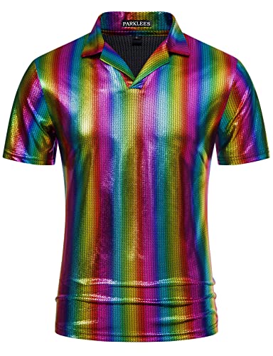 PARKLEES Mens Hipster Metallic Gold Short Sleeve Polo Shirt 70s Disco Nightclub Party T-Shirts US-PPPH85-Silver Medium