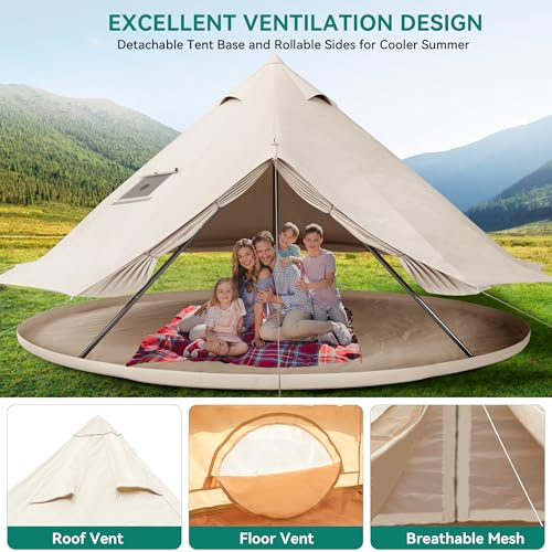 YITAHOME Canvas Bell Tent Cotton Canvas Yurt Tent 4 Season Waterproof Glamping Tents w/Stove Jack for Family Camping Outdoor Hunting Party (4M/13FT)