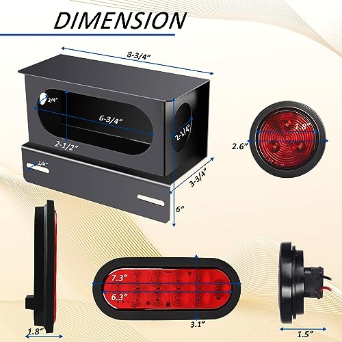 AveneMark 2 PCS LED Trailer Light Boxes in Steel Housing Kit with 6”Oval Red Trailer Tail Lights and 2'' Round Red Side Marker Lights with Grommet Plugs w/Wire Connectors 2PCS