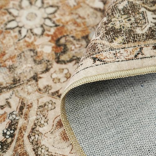 HILORUUG Washable Area Rug Vintage - Living Room Farmhouse Oriental Rug 5x8 Distressed Non-Slip Stain Resistant Carpet for Bedroom Dining Room Home Office (5x8 Beige/Brown)