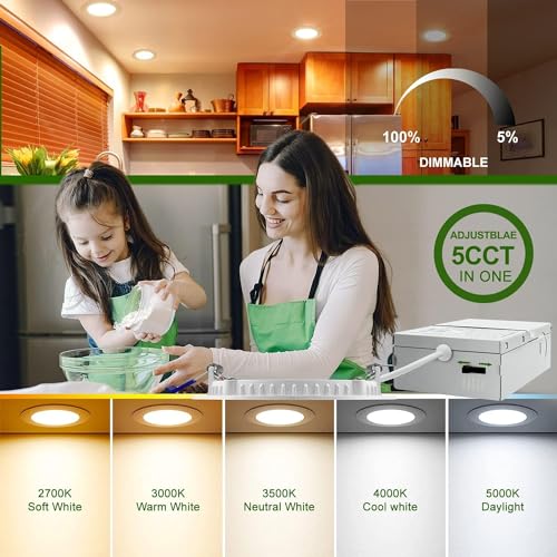 zouzai 1 Pack 4 Inch 5CCT Ultra-Thin LED Recessed Ceiling Light with Junction Box, 2700K/3000K/3500K/4000K/5000K Selectable, 9W Eqv 80W, Dimmable, led can Lights - ETL and Energy Star Certified