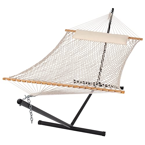 SUNCREAT Hammocks Double Cotton Rope Hammock with Polyester Pad, Heavy Duty Hammock with Steel Stand, Blue&Green