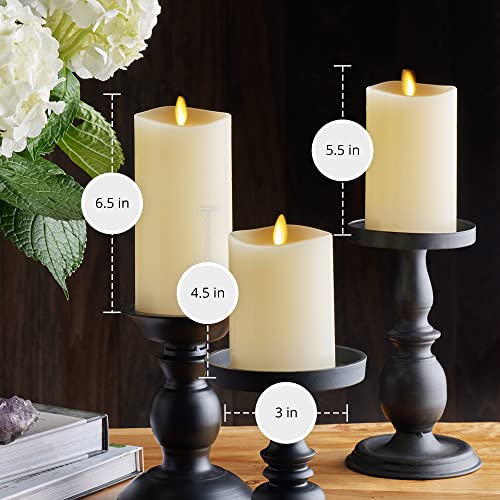 Luminara Realistic Artificial Moving Flame Pillar Candles - Set of 3 - Melted Top Edge, LED Battery Operated Lights - Unscented - Remote Included- 3" x 4.5", 3" x 5.5", 3" x 6.5" (White)