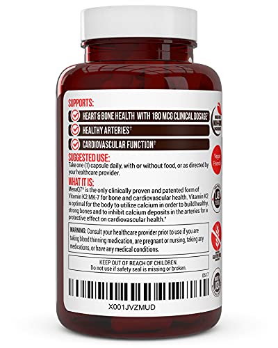 Vitamin k2 MK-7 Supplement 180mcg -Vitamin K2 Supports Bone & Heart Health for Cardiovascular Calcium Absorption from Arteries- 60 Easy to Swallow Vegetable caps of MenaQ7 K2 MK7