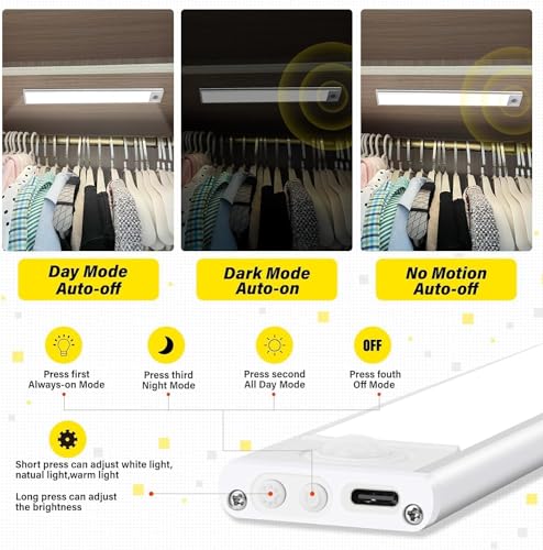 EZVALO Under Cabinet Lights, 80 LED Motion Sensor Lights Indoor 3 Color Temps, 1900mAh Rechargeable Closet Lights Wireless, Dimmable Under Counter Lights for Kitchen, Wardrobe, Hallway (2 Pack)