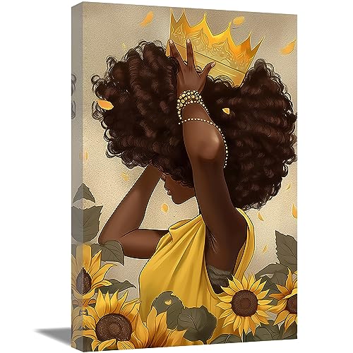 QIXIANG African American Canvas Wall Art Black Queen Portrait Posters Yellow Sunflower Girl Painting Prints Artwork for Bedroom Decor (11.00" x14.00", Queen)