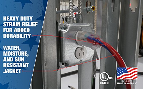 Southwire Heavy Duty Extension Cord, 50Ft, 12 Gauge, 3 Conductor, Outdoor Cord, Lighted End, SJTW, Red/White/Blue, 2548SWUSA1