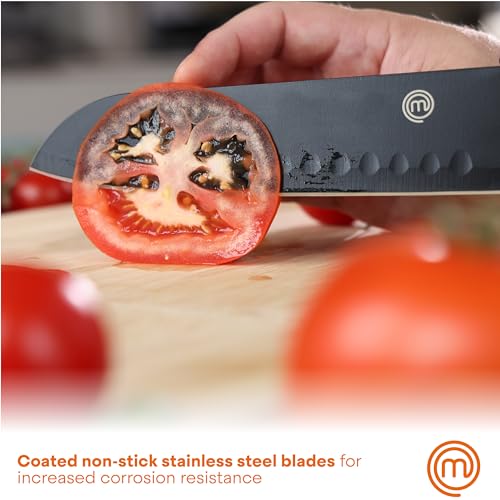 MasterChef Kitchen Knife Set with Covers, 6 Professional Chef Knives for Home Kitchens, Extra Sharp Cutting Stainless Steel Blades & Protective Sheaths, Soft-Touch Easy-Grip Handles, Essential Black