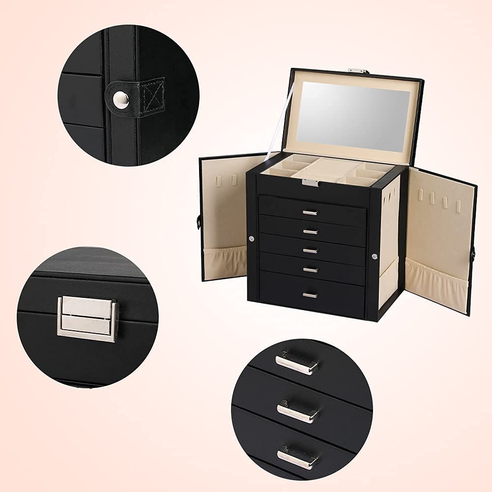 Frebeauty Large Jewelry Box,6-Tier PU Leather Jewelry Organizer with Lock,Multi-functional Storage Case with Mirror,Accessories Holder with 5 Drawers for Necklace Bracelets Watches(Black)