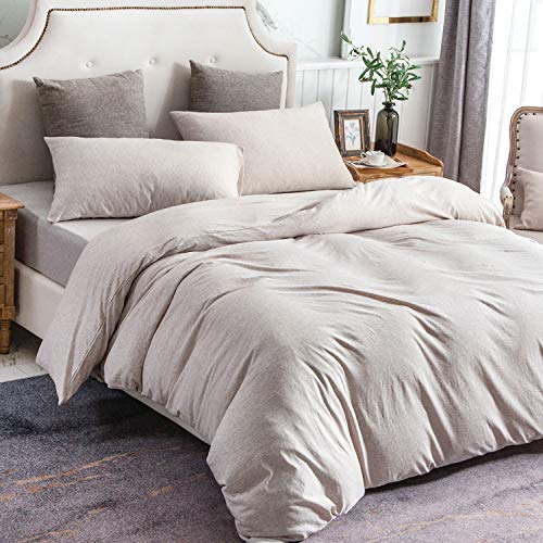 PURE ERA Jersey Knit Duvet Cover Set 100% T-Shirt Cotton Super Soft Comfy 2pc Bedding Set with Zipper Closure (Solid Creamy White, Twin)
