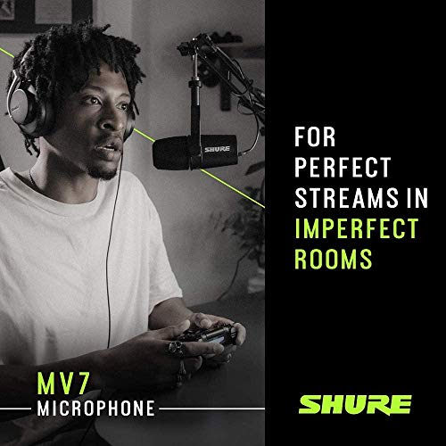 Shure MV7 USB Microphone for Podcasting, Recording, Live Streaming & Gaming, Built-in Headphone Output, All Metal USB/XLR Dynamic Mic, Voice-Isolating Technology, TeamSpeak & Zoom Certified – Black