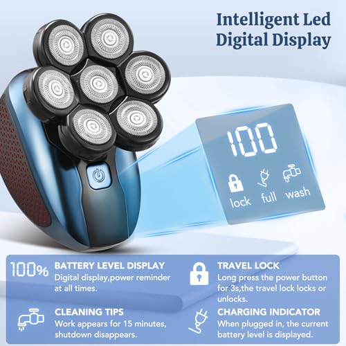 Paubea Head Shavers for Bald Men, 6 in 1 Detachable 7D Head Shaver, Electric Razor with Hair Sideburns Trimmer, Waterproof Wet&Dry, Cordless Mens Grooming Kit, Rechargeable Electric Shavers - Blue