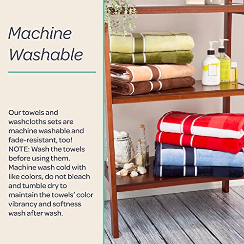 6PC Towel Set - Absorbent Cotton Bathroom Accessories with Bath Towels, Hand Towels, and Wash Cloths - Solid and Striped Bath Sheets by Lavish Home (Brown)