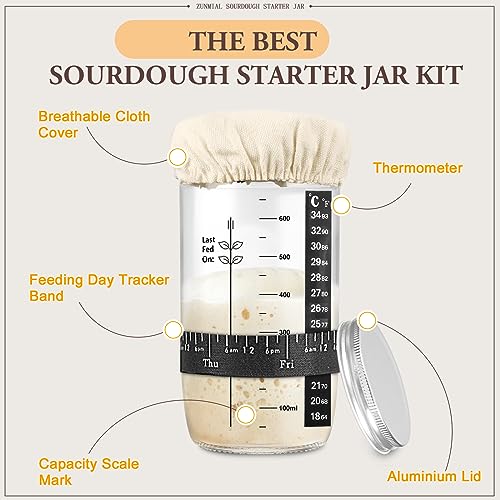 zunmial Sourdough Starter Jar, Sourdough Starter Kit with Date Marked Feeding Band, Thermometer, Cloth Cover & Metal Lid, Reusable Sourdough Bread Baking Supplies, Home Baking Supplies