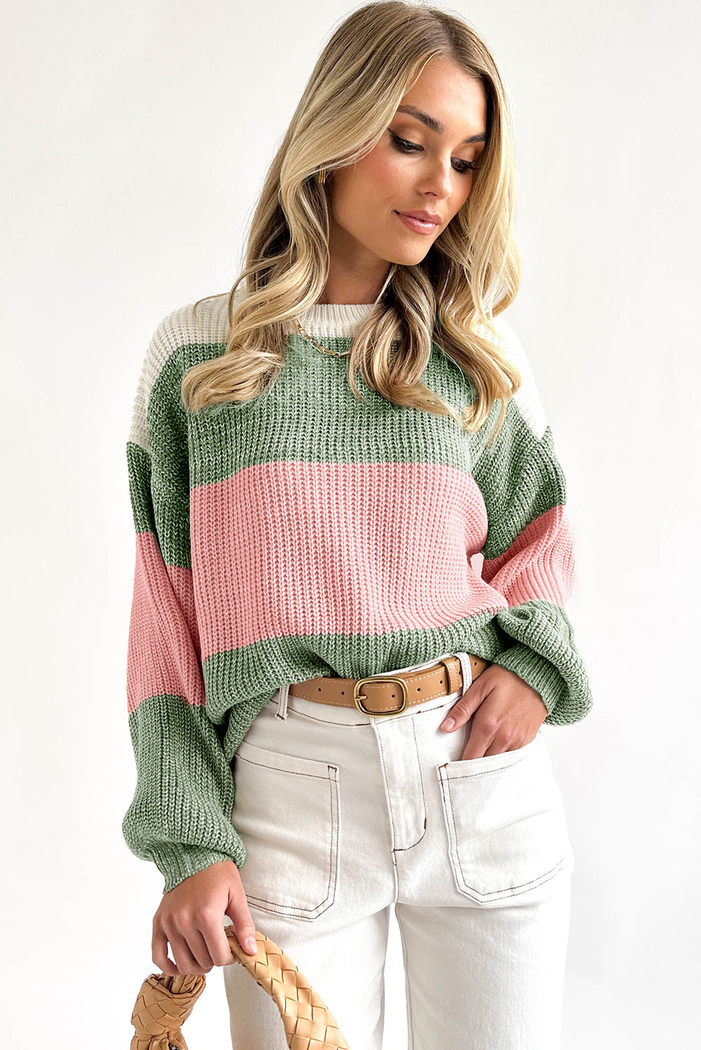 Green Colorblock Drop Shoulder Pullover Loose Sweater