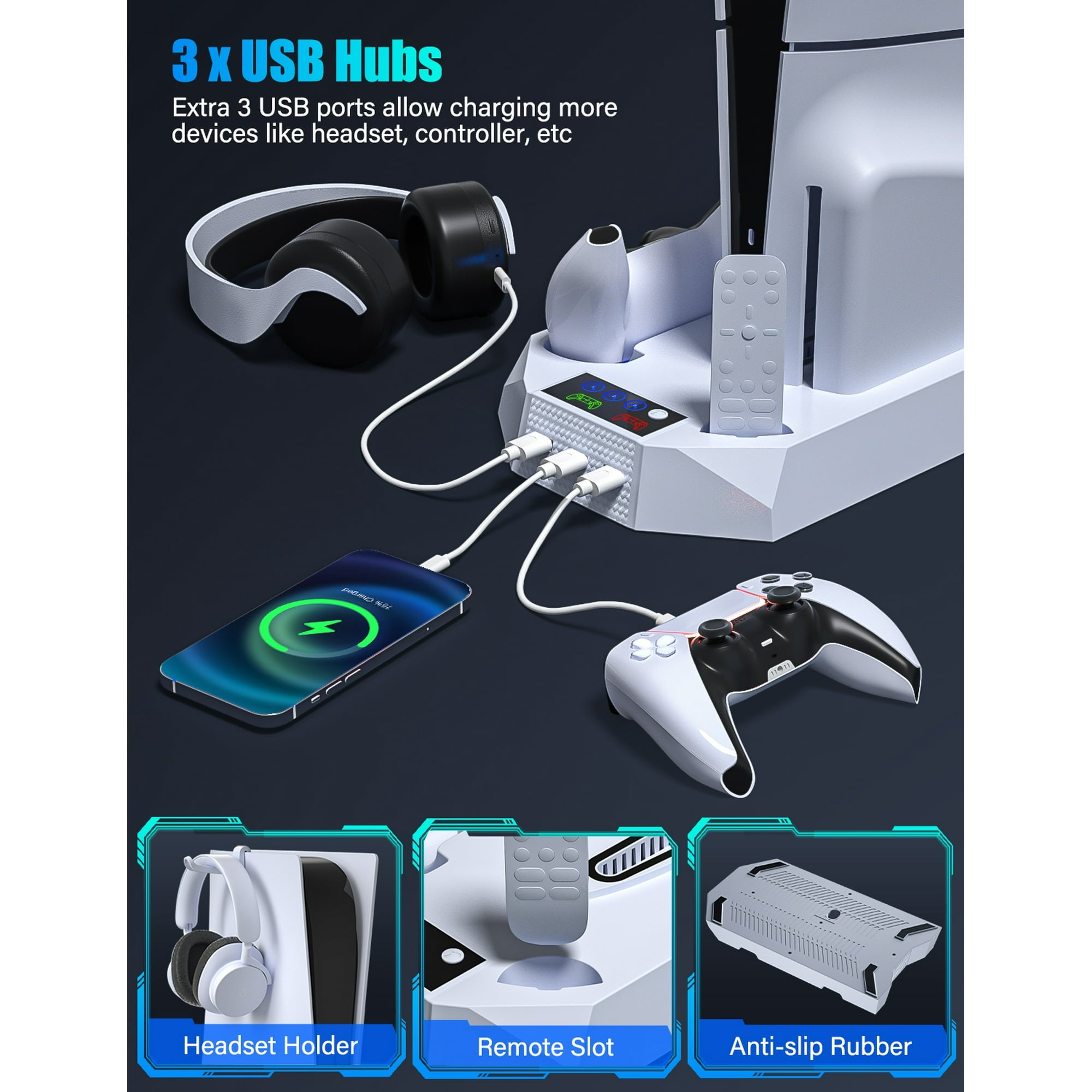 PS5 Stand with Cooling Fan, PS5 Cooling Station with Dual Controller Charging Station for PS5 Pro/Slim/Standard Disc/Digital Console - 3 Levels Adjustable Fan/3 USB Hubs, White